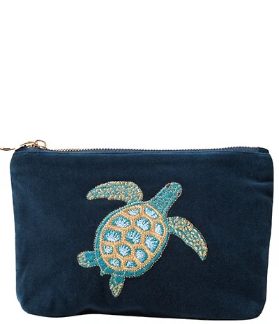 Elizabeth Scarlett Turtle Conservation Marine Navy Velvet Mini Pouch