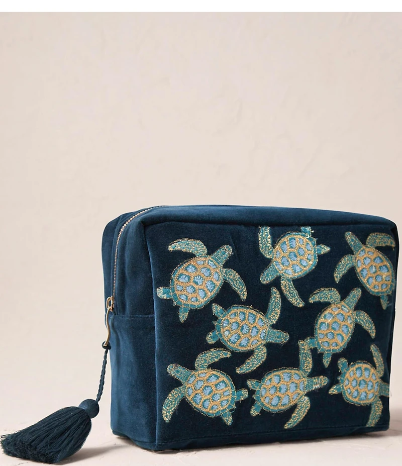 Elizabeth Scarlett Turtle Conservation Marine Navy Velvet Wash Bag