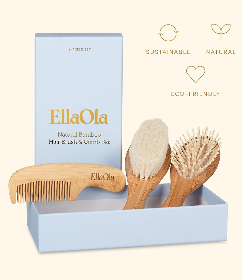 EllaOla 3-Piece Bamboo Brush & Comb Set