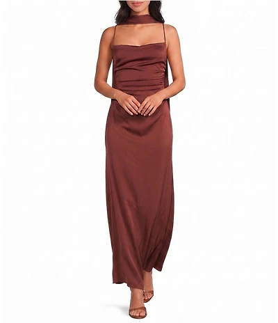 ELLIATT Calista Square Square Neck Scarf Sleeveless Textured Satin Dress