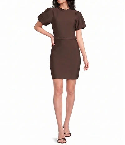 ELLIATT Floriana Double Knit High Round Neck Short Puff Sleeve Mini Dress