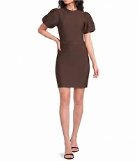 ELLIATT Floriana Double Knit High Round Neck Short Puff Sleeve Mini Dress