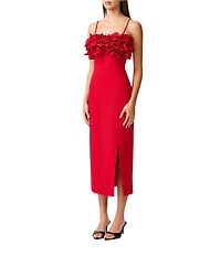 ELLIATT Lila Stretch Crepe Floral Rosette Square Neck Sleeveless Midi Dress