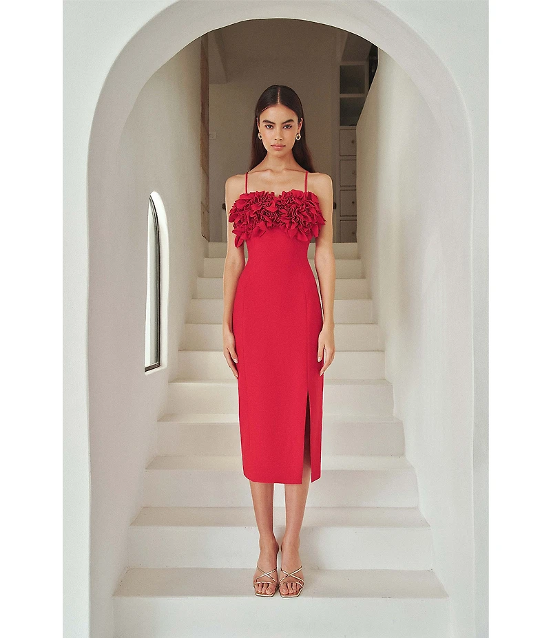 ELLIATT Lila Stretch Crepe Floral Rosette Square Neck Sleeveless Midi Dress