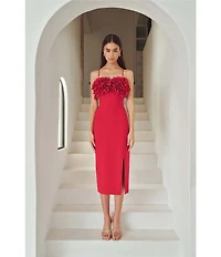 ELLIATT Lila Stretch Crepe Floral Rosette Square Neck Sleeveless Midi Dress