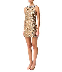 ELLIATT Noelle Silver Floral Sequin High Neck Sleeveless Mini Shift Dress