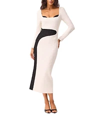 ELLIATT Paloma Textured Stretch Sweetheart Square Neck Long Sleeve Midi Dress