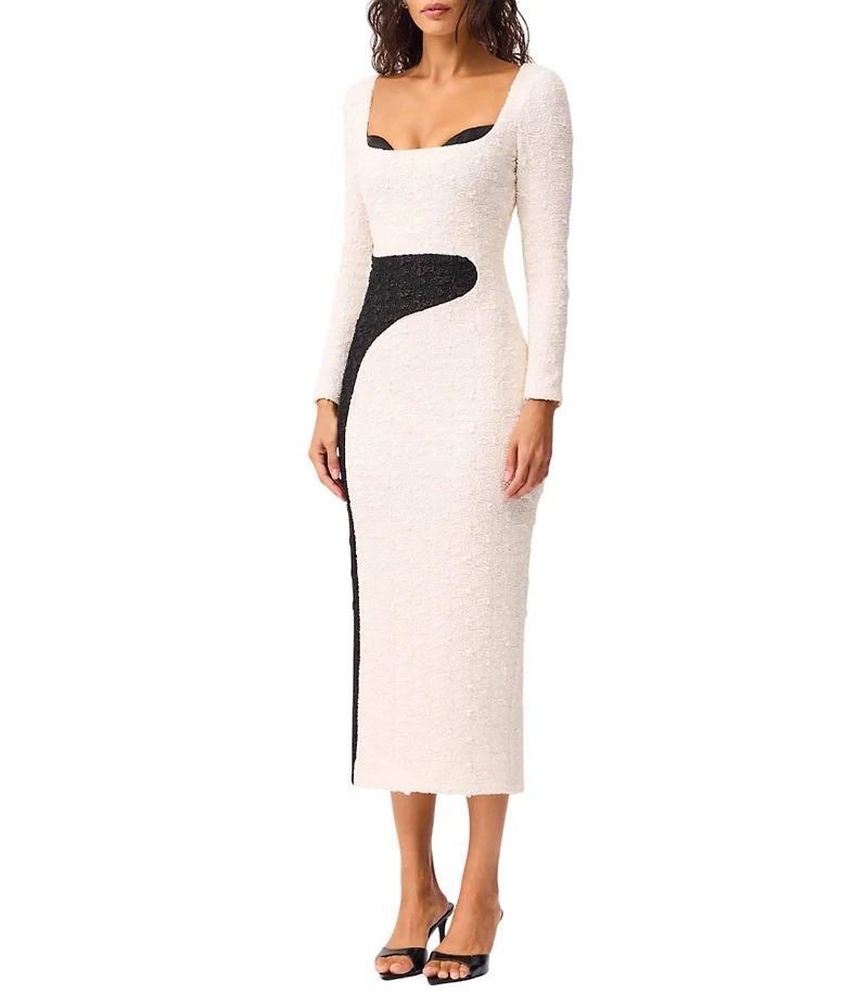 ELLIATT Paloma Textured Stretch Sweetheart Square Neck Long Sleeve Midi Dress