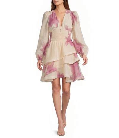 ELLIATT Rova Floral Print V-Neck Long Sleeve Mini Dress