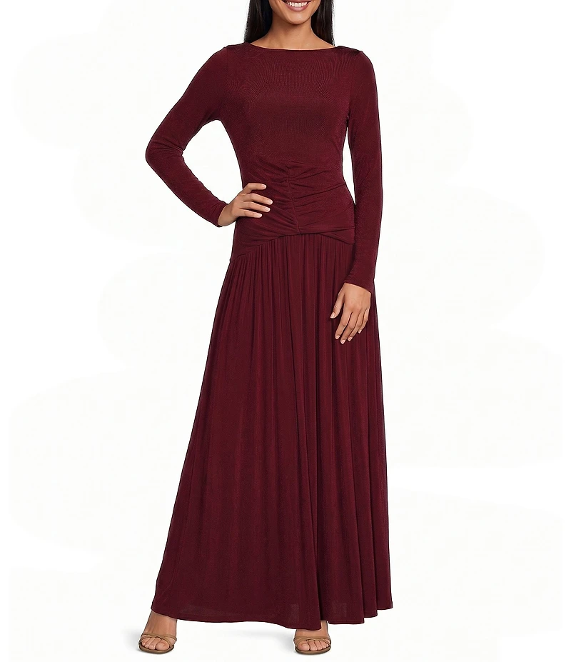 ELLIATT Simone High Boat Neck Long Sleeve Drop Waist Gown