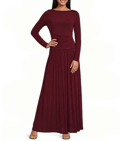 ELLIATT Simone High Boat Neck Long Sleeve Drop Waist Gown