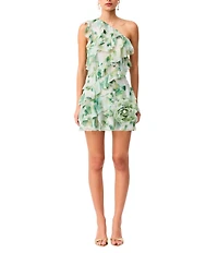 ELLIATT Solene Floral Print Georgette One-Shoulder Sleeveless Ruffle Flower Trim Mini Dress