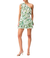 ELLIATT Solene Floral Print Georgette One-Shoulder Sleeveless Ruffle Flower Trim Mini Dress