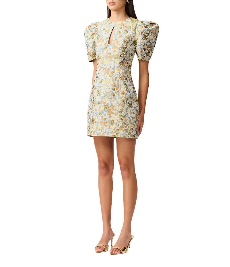 ELLIATT Tasmin Floral Jacquard Round Keyhole Neck Short Puff Sleeve Mini Dress