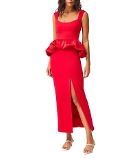 ELLIATT Yasmine Stretch Ponte Square Neck Sleeveless Satin Peplum Hem Coordinating Top