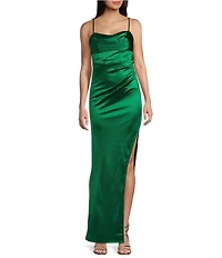 Honey and Rosie Emma Bodice Side Slit Satin Long Dress