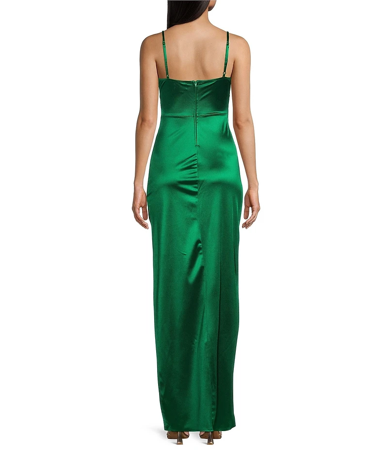 Honey and Rosie Emma Bodice Side Slit Satin Long Dress