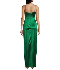 Honey and Rosie Emma Bodice Side Slit Satin Long Dress