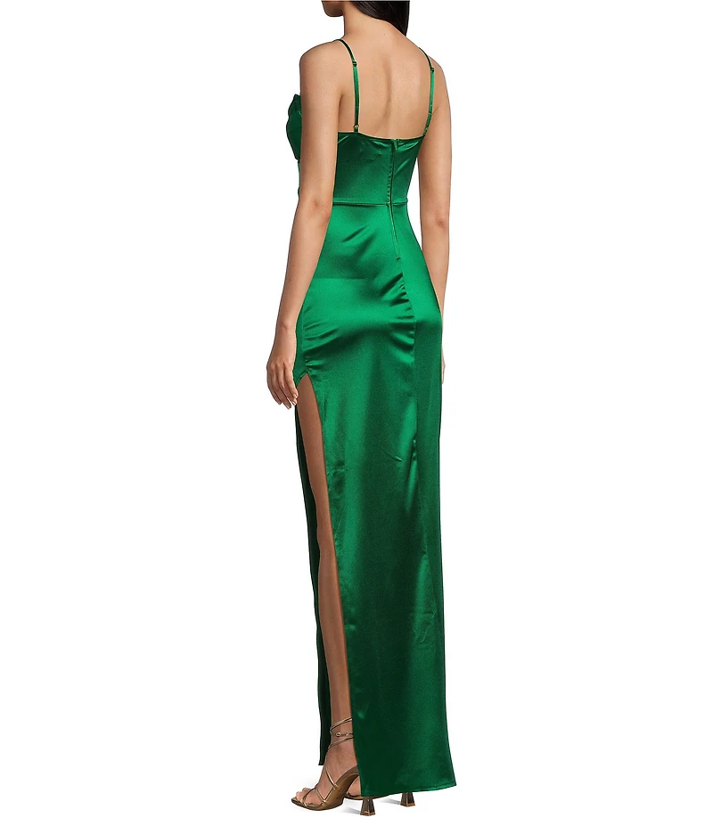 Honey and Rosie Emma Bodice Side Slit Satin Long Dress