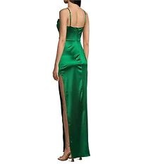 Honey and Rosie Emma Bodice Side Slit Satin Long Dress