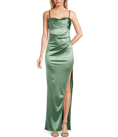 Honey and Rosie Emma Bodice Side Slit Satin Long Dress