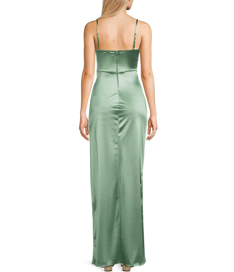Honey and Rosie Emma Bodice Side Slit Satin Long Dress
