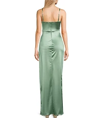 Honey and Rosie Emma Bodice Side Slit Satin Long Dress