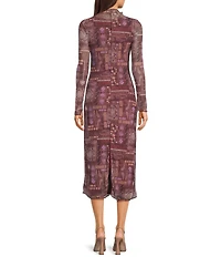 Emory Park Bandana Printed Mesh Mock Neck Long Sleeve Maxi Dress