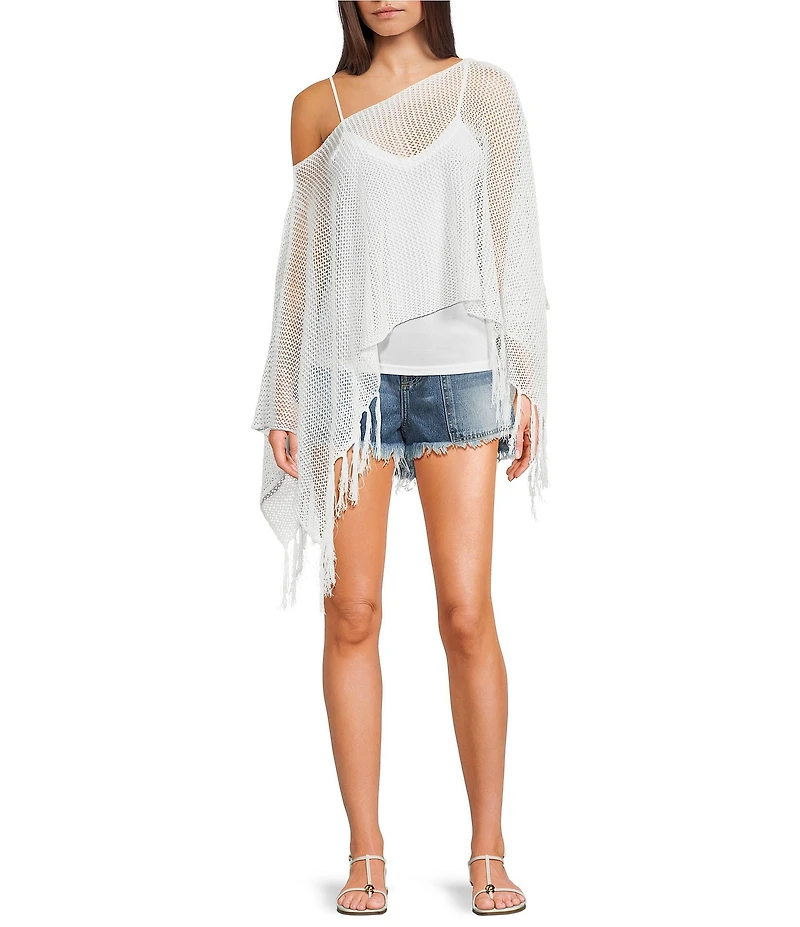 Emory Park Crochet One Shoulder Fringe Hem Poncho
