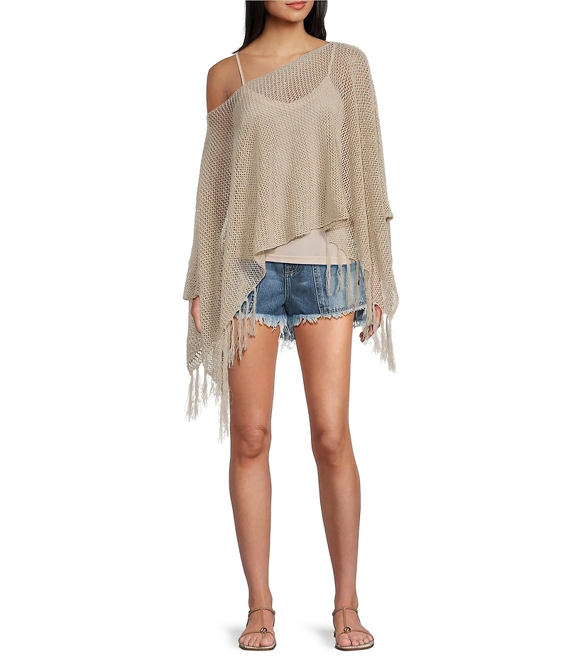 Emory Park Crochet One Shoulder Fringe Hem Poncho