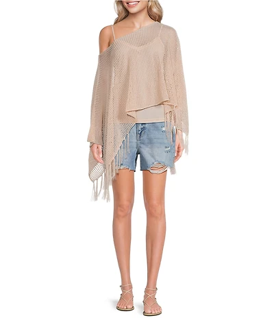 Emory Park Crochet One Shoulder Fringe Hem Poncho