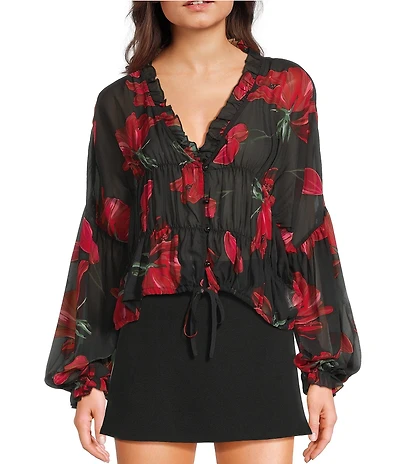 Emory Park Floral Print V-Neck Button Front Long Sleeve Cinched Hem Blouse