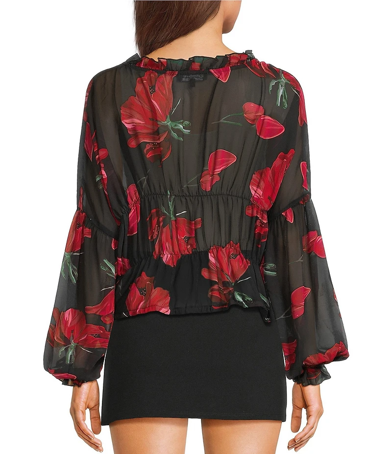 Emory Park Floral Print V-Neck Button Front Long Sleeve Cinched Hem Blouse