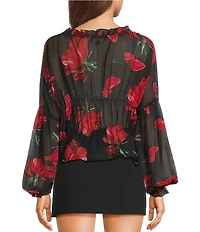 Emory Park Floral Print V-Neck Button Front Long Sleeve Cinched Hem Blouse