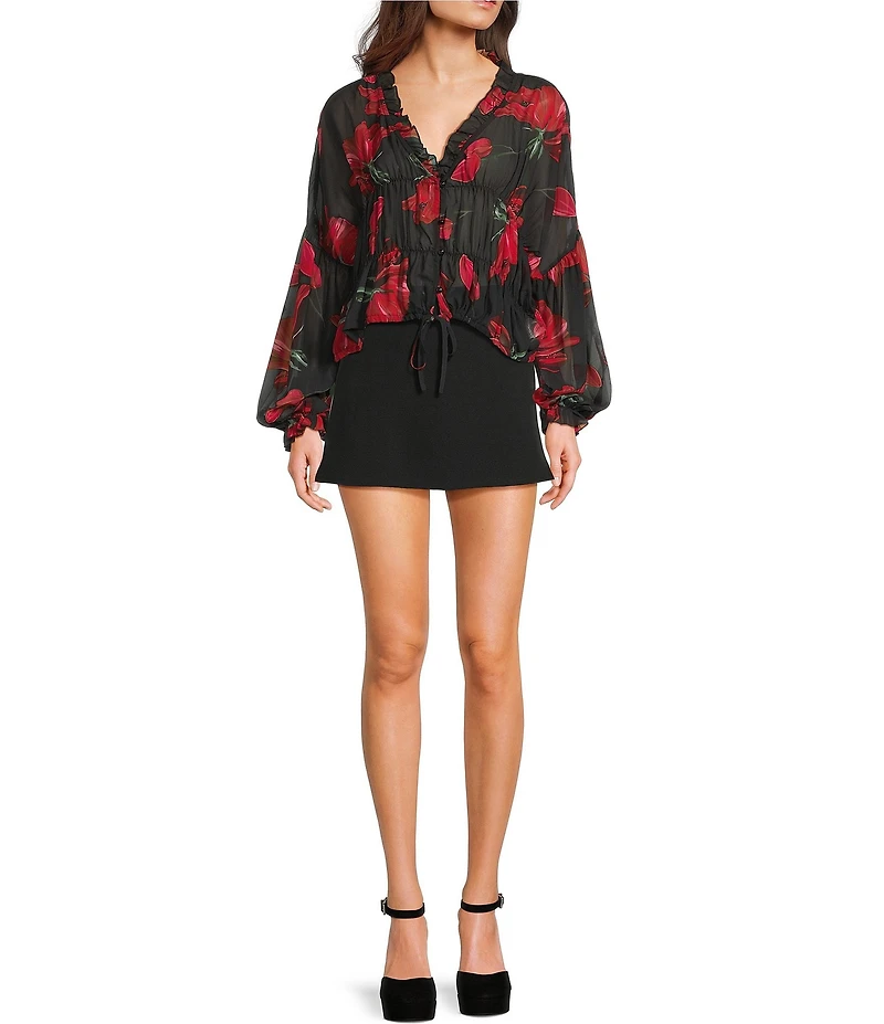 Emory Park Floral Print V-Neck Button Front Long Sleeve Cinched Hem Blouse