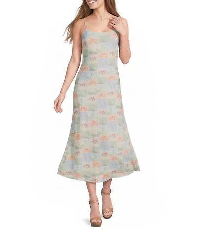 Emory Park Floral Printed Mesh Square Neck Sleeveless A-Line Maxi Dress