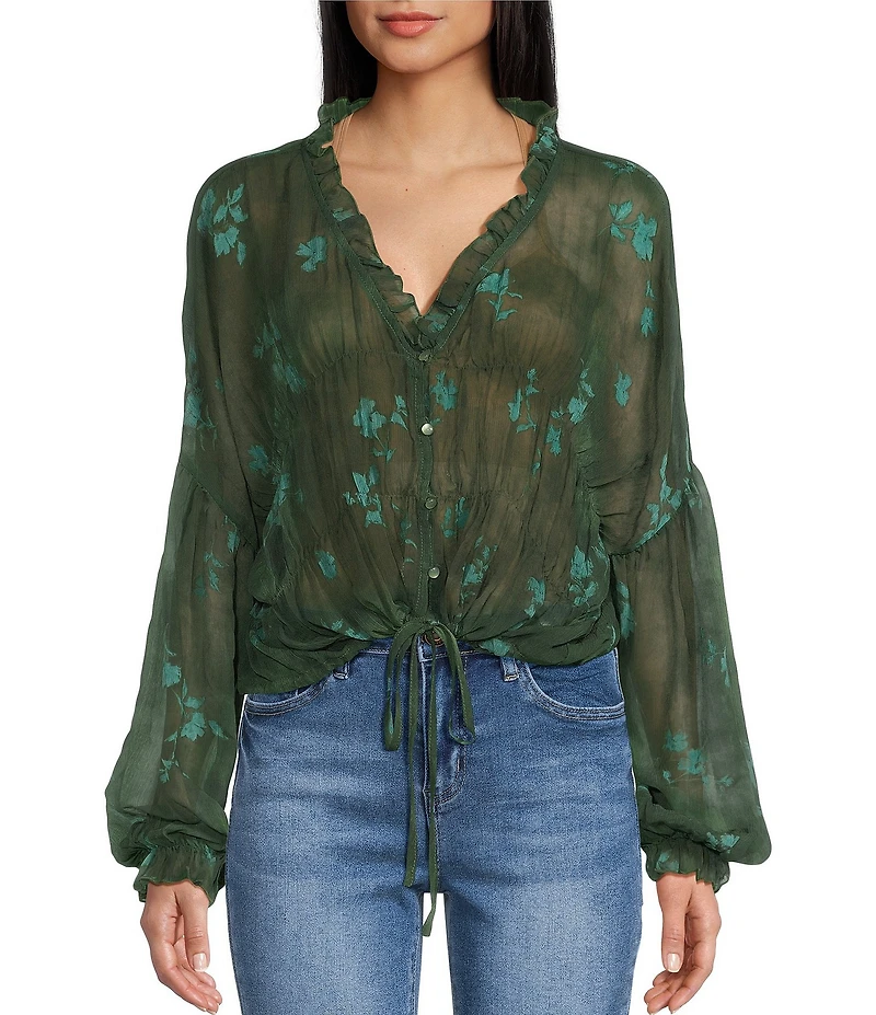 Emory Park Floral Printed V-Neck Button Front Long Sleeve Cinched Hem Blouse