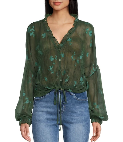 Emory Park Floral Printed V-Neck Button Front Long Sleeve Cinched Hem Blouse