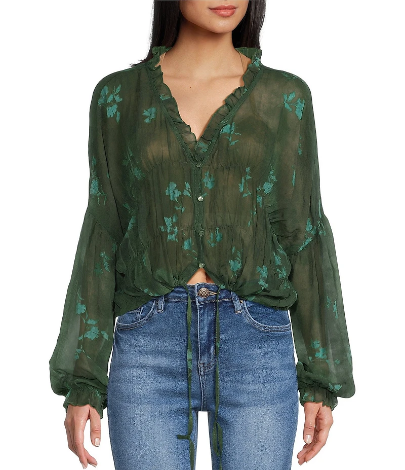 Emory Park Floral Printed V-Neck Button Front Long Sleeve Cinched Hem Blouse