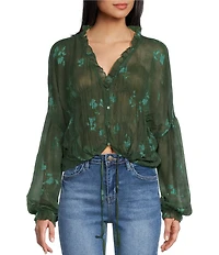 Emory Park Floral Printed V-Neck Button Front Long Sleeve Cinched Hem Blouse