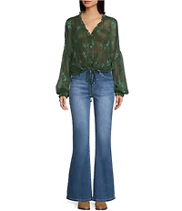 Emory Park Floral Printed V-Neck Button Front Long Sleeve Cinched Hem Blouse