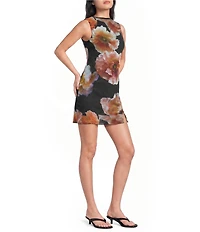 Emory Park Mesh Floral Printed Mock Neck Mini Dress