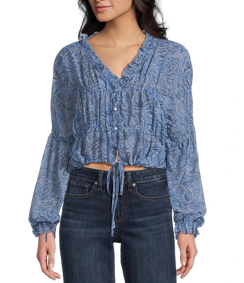 Emory Park Paisley Printed V-Neck Button Front Long Sleeve Cinched Hem Blouse