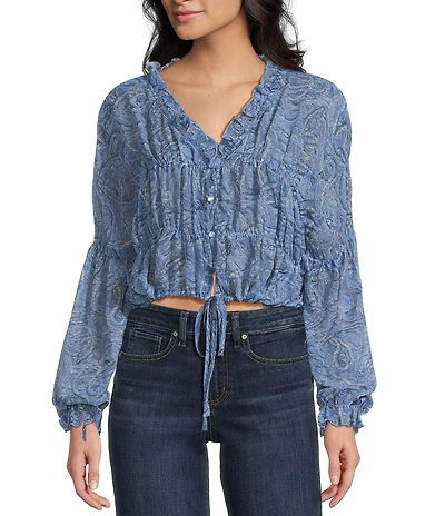 Emory Park Paisley Printed V-Neck Button Front Long Sleeve Cinched Hem Blouse