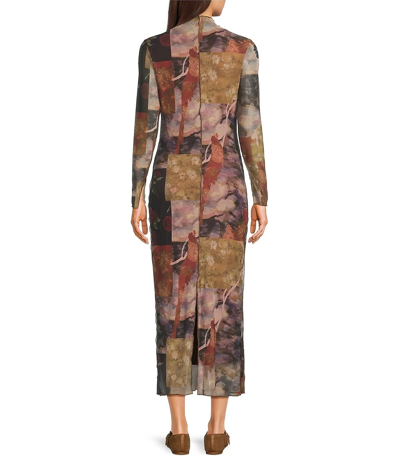 Emory Park Patchwork Printed Mesh Mock Neck Long Sleeve Maxi Dress