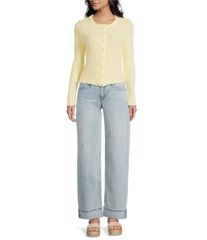 Emory Park Pointelle Knit Long Sleeve Fitted Button Front Cardigan