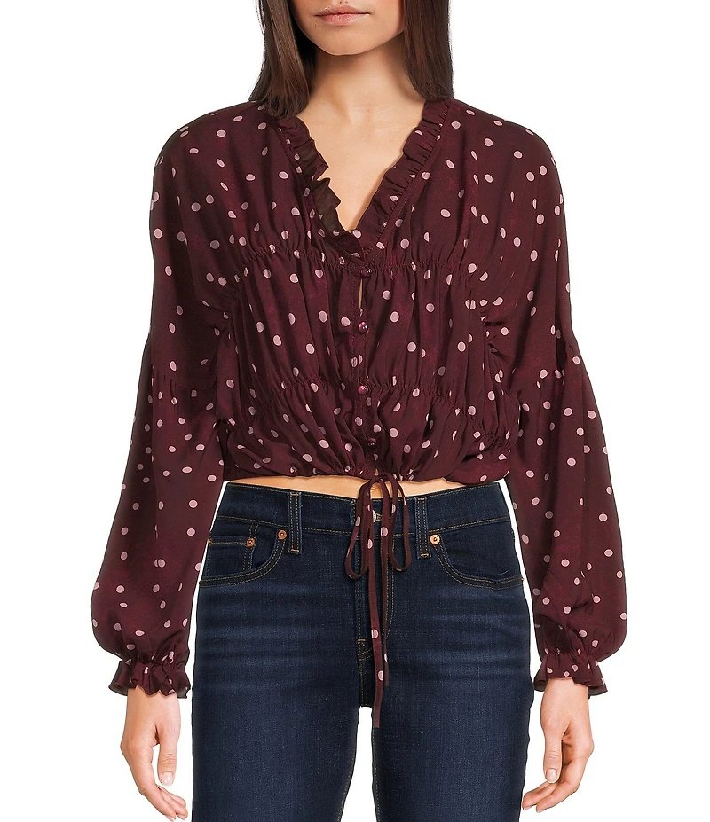 Emory Park Polka Dot V-Neck Button Front Long Sleeve Cinched Hem Blouse