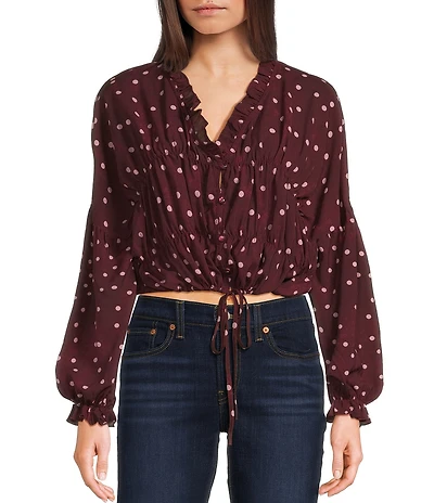 Emory Park Polka Dot V-Neck Button Front Long Sleeve Cinched Hem Blouse