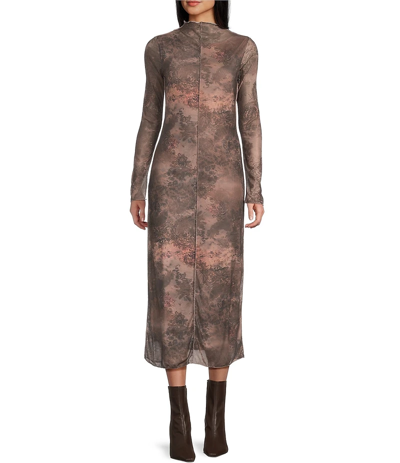 Emory Park Printed Mesh Mock Neck Long Sleeve Maxi Dress