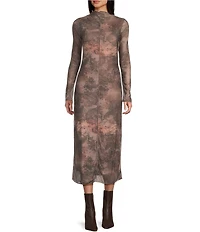 Emory Park Printed Mesh Mock Neck Long Sleeve Maxi Dress